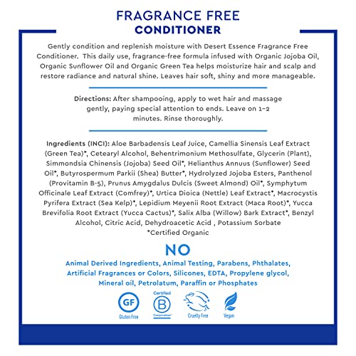Desert Essence Fragrance Free Conditioner ? Gentle, Paraben, Gluten & Cruelty-Free - Smooths & Softens Hair - No Oil Residue - For All Hair Types - 8 fl oz