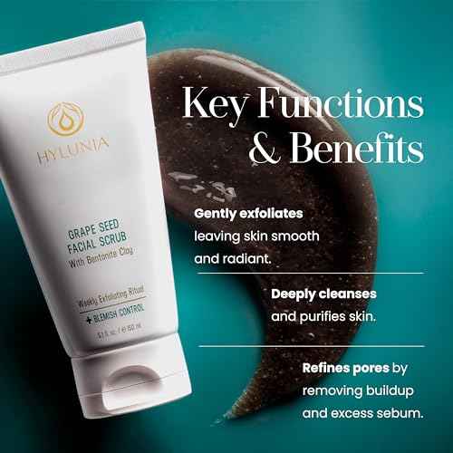 Hylunia Skincare Grape Seed Facial Scrub ? Gentle Exfoliating Face Scrub with Ground Grape Seed, Bentonite Clay, and Alpha Hydroxy Acid for smooth, glowing skin and refined pores, 5.1oz ?