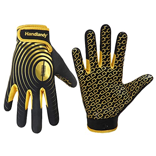 HANDLANDY Youth Football Gloves, Sticky Wide Receiver Gloves for Kids & Adult, White and Gold Stretch Fit Football Gloves (Black and Gold, XX-Large)