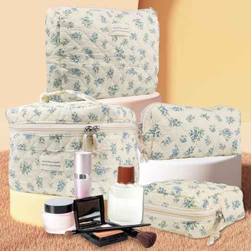 VIWIME Makeup Cosmetic Bag, Large Cotton Quilted Travel Coquette Aesthetic Cute Floral Make up Bag for Women Toiletry Bag Organizer (203- Blue Rose / 4Pcs)