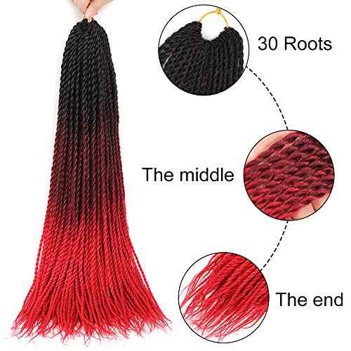 6Pack Senegalese Twist Crochet Hair 3 Tone Ombre Red Box Braids Synthetic Hair Extensions 30Roots/Pack Small Havana Twist Crochet Hair 24inch(1B/Dark Red/Red, 600g/Lot)