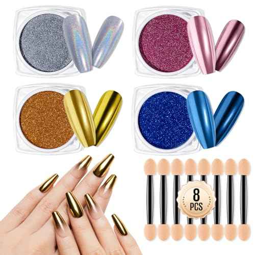 MEFA Chrome Powder for Nails 4 pcs, Mirror Effect Nail Powder Holographic Aurora Iridescent Pearlescent Manicure Nail Art Decoration Glitter Metallic Gold Pink Blue Grey Chrome Nail Powder Kit