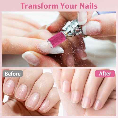 BEVTEE 200Pcs Sanding Bands for Nail Drill, 180 Grit Small Nail Sanding Bands, with 2pcs 3/32'' Nail Drill Bits, for Acrylic Nails Gel Manicures and Pedicure, Pink, Including a Dedicated Organizer