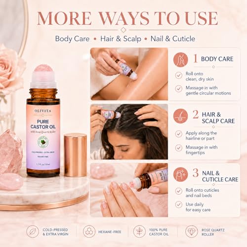 OLIVITA Organic Castor Oil with Rose Quartz Roller for Face & Brows