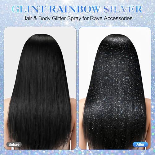 Hair Face Body Glitter Spray, 4.05 fl oz Rainbow Silver Holographic Glitter Hairspray Shimmer Makeup for Women, Quick Drying Long-Lasting Glitter Spray for Rave Accessories