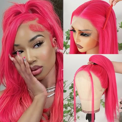 Hot Pink Lace Front Wigs Wear and Go Glueless Wig Pre Plucked Long Straight Hair Wig Magenta Pink Wigs Ready to Wear Wigs Heat Resistant Synthetic Lace Front Wigs for Women