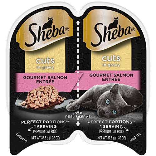 SHEBA PERFECT PORTIONS Cuts in Gravy Adult Wet Cat Food Trays (24 Count, 48 Servings), Gourmet Salmon Entrée, Easy Peel Twin-Pack Trays