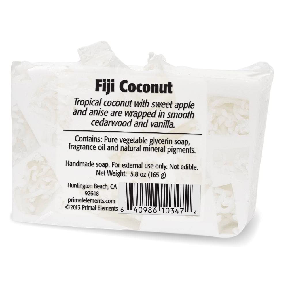 Primal Elements Glycerin Bar Soap | Helps All Skin Types, Sensitive, Oily & Dry Skin | NO PARABENS, VEGAN, GLUTEN FREE, 100% VEGETABLE BASE - (Fiji Coconut)