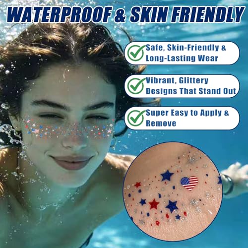 4th of July Temporary Tattoos & Glitter Freckles - Patriotic USA