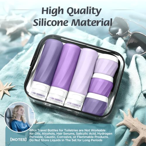 YIIMER Purple Travel Bottles Set 6pcs TSA Approved Silicone Toiletry Containers