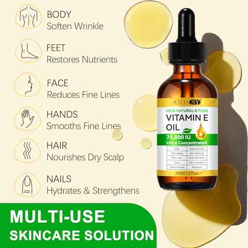 100% Pure Vitamin E Oil 75,000 IU - for Fading Scars, Stretch Marks & Anti-Aging - Deep Moisturizer for Face, Neck & Body - Hexane-Free, Natural, Vegan, Non-GMO (2 fl oz)