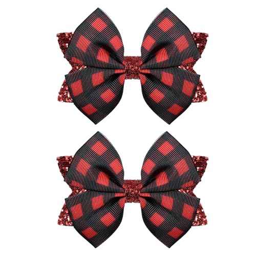 4in Christmas Glitter Buffalo Plaid Hair Bow Clips for Girls Red Black Xmas Grids Checkered Ribbon Alligator Barrettes Hairpins Party Dress Decor Accessories Teens Kids Favor Gift