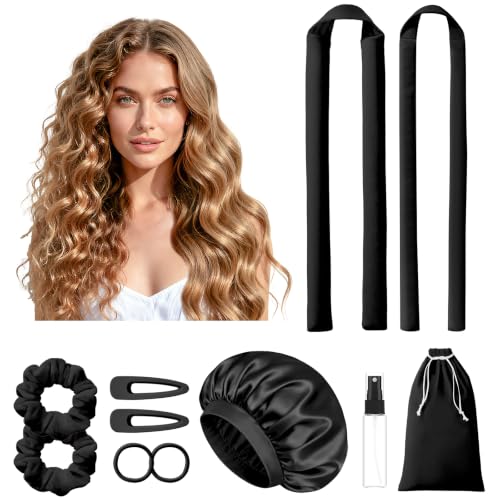 LitBear Black Heatless Curlers Set with Bonnet & Accessories for Long & Medium Hair