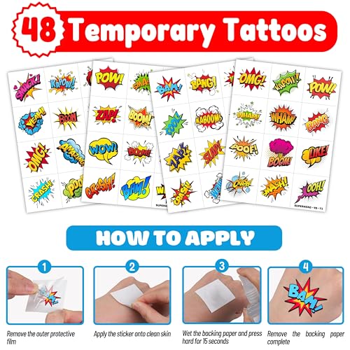 72 PCS Hero Party Favors - 48 PCS Tattoos & 24 PCS LED Finger Lights Combo - Birthday Goodie Bag Fillers, Light Up Toys for Boys and Girls, Party Supplies for Kids