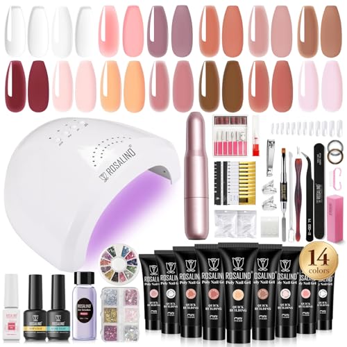 ROSALIND Poly Nail Gel Kit with Drill -14 Colors + 75 Nail Art Accessories Kit Nude Pink Series Poly Gel with Big Uv Light 48W and Electric Nail Drill Poly Nail Gel Starter Kit with Everything Gift