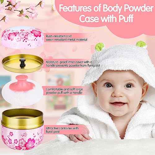 3 Pieces Body Powder Puff and Container, Baby Powder Container Floral Pattern with Large Fluffy Plush Puff Spoon, Baby Woman Loose Dusting Powder Tea Box for Home & Travel Use (Pink, Blue and Yellow)