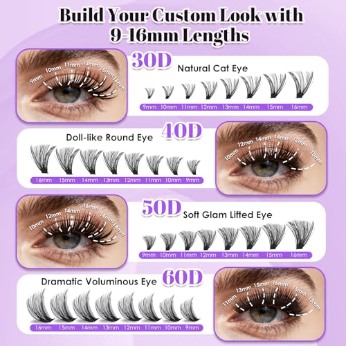 DIY Lash Extension Kit 640pcs 30D 40D 50D 60D Curl 9-16mm Fluffy Wispy Individual False Lashes Reusable Natural Look with Dual-End Bond Seal Glue and Tweezers for Daily Wear At Home Beginners