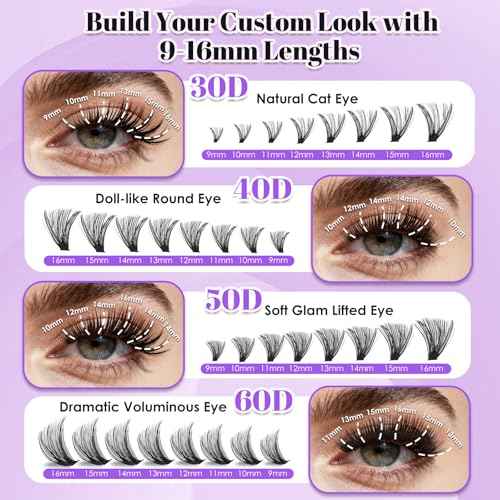 CyanoooGenesis 30D+40D+50D+60D Lash Clusters Kit for Beginners – 640Pcs/320 Pairs 9-16mm 8-Length False Lashes with Dual-Head Bond & Seal, Precision Tweezer for DIY Lash Extension