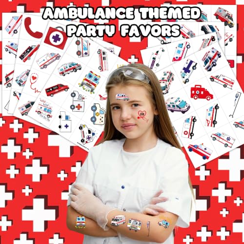 96 Pre-Cut Ambulance Temporary Tattoos for Kids Party