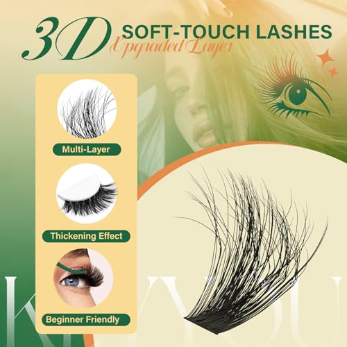 KEYYOU 3D Volume Lash Clusters Kit - 280Pcs D Curl with Bond & Tweezers
