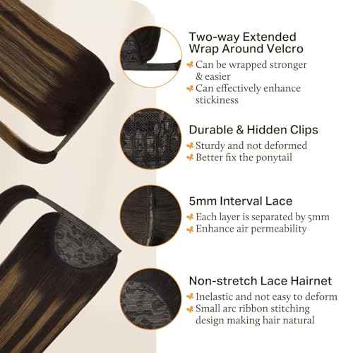 DOORES Human Hair Ponytail Extension Balayage Dark Brown to Chestnut Brown 14 Inch 75g Clip in Hair Extensions Real Human Hair Ponytail Hair Piece Straight Invisible Magic Paste Heat Resistant