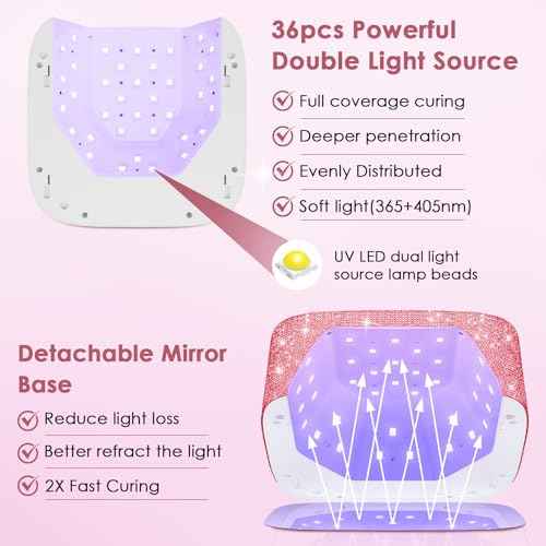 UV LED Nail Lamp Cordless, HUITINE 80W Rechargeable UV Light for Gel Nails with 5 Timers & Mirror Base, Professional Gel Light Dryer, Sparkling Rhinestones Curing Lamp for Salon & Home (Pink Diamond)