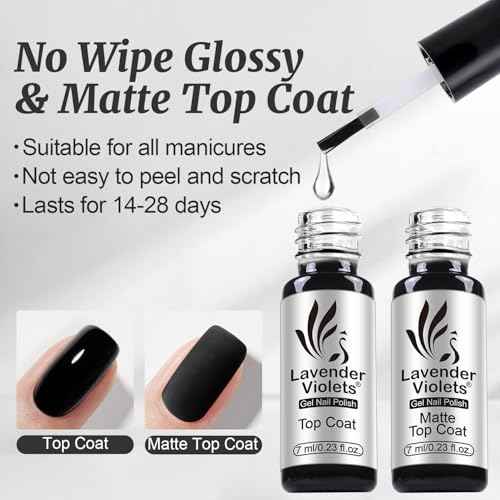 Lavender Violets 6pcs Gel Base and Top Coat Set Nail Dehydrator and Primer, 5-in-1 Builder & Pink Rubber Base Coat, Matte & No-Wipe Top Coat Long-Lasting Manicure Essential Kit for Home DIY C200