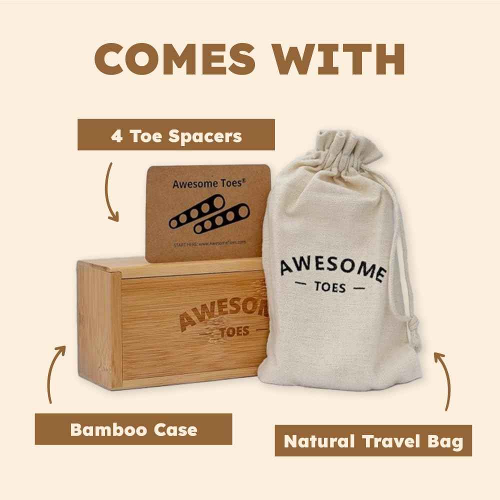 Awesome Toes Spacers & Separators, Fast Pain Relief from Hammertoe & Bunions, Two Pairs in Stylish Wooden Box, Latex-Free Rubber Toe Stretchers for Men & Women