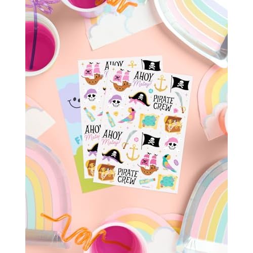 xo, Fetti Pirate Crew Temporary Tattoos - 48 Gold Foil Pcs | Birthday Accessory, Girl Treasure Hunt Decorations, Kids Ahoy Party Favor, Cute Pink Activity