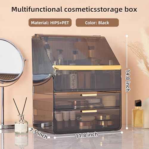 Large Cosmetic Organizer with Lipstick Holder Fully Transparent with Drawers, Dustproof Waterproof Bathroom Counter Storage for Skincare Lipstick Makeup Brushes(Black)