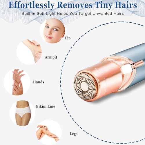 Facial Hair Removal for Women,Electric Rechargeable Face Shaver,Painless Gentle Trimming for Peach Fuzz,Lip,Chin with 2 x Replacement Heads (Blue)