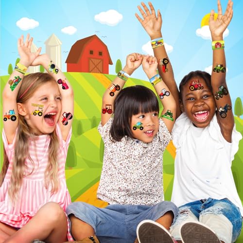 60-Piece Tractor Party Favors Set: 36 Tattoos & 24 Slap Bracelets