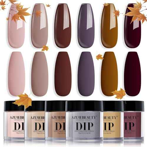 AZUREBEAUTY Dip Powder Nail Set, Fall Nude Dark Brown Purple Gary Natural 6 Colors Dipping Powder Starter Kit, French Nail Art Manicure DIY Salon, No Need Nail Lamp Cured