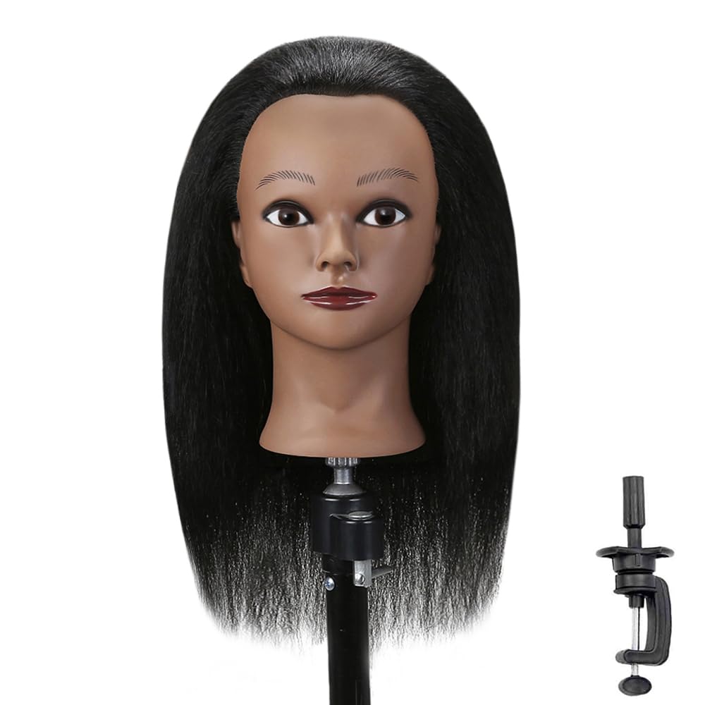 Armmu Mannequin Head with 100% Real Hair, 16" Hairdresser Cosmetology Mannequin Manikin Training Practice Doll Head for Hairstyling and Free Clamp Holder- Black