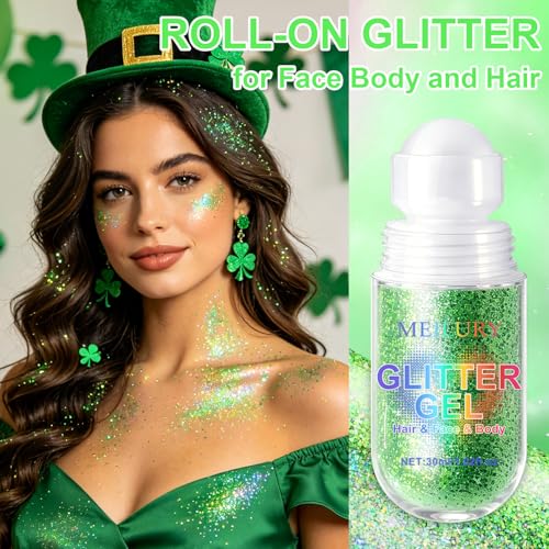 2PCS Green Roll-On Body & Face Glitter Gel for Face Hair & Body - St Patrick's Day Glitter