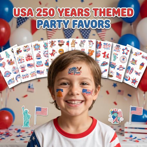 96 Patriotic Temporary Tattoos for Kids | Pre-Cut USA