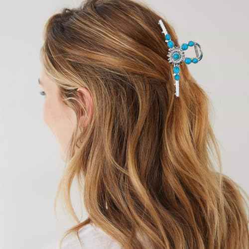 2 PACK Extra Turquoise Blue Stone Sun Hair Claw Clip, Metal Retro Style Hairpin Western Hair Clip, Nonslip Hair Accessories for Thick Hair