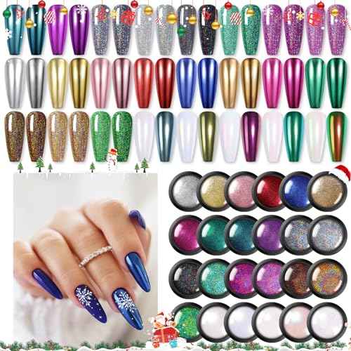 Born Pretty Holographic Nail Powder Mirror Metallic Powder Pigment Gold Silver Red Purple Blue Green 24 Colors Manicure Nail Art Decoration Sets for Christmas Gifts