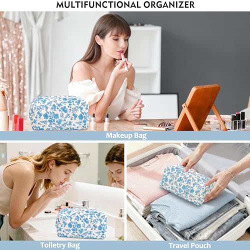 Quilted Floral Makeup Bag for Women - Compact Cosmetic & Toiletry Organizer