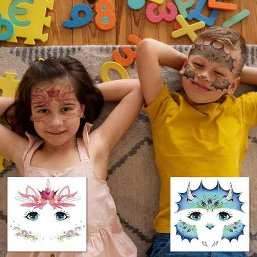 Partywind 24 Styles Face Temporary Tattoos for Kids, Dinosaur Fake Tattoo Stickers for Boys Girls Party Supplies Favors, Face Tattoos for Birthday Games, Kids Goodie Bag Stuffers