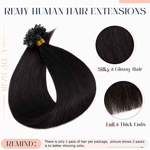 Hairro Pre Bonded Fushion Hair Extensions Nail Tip Human Hair Keratin U Tip Hairpieces Utip Remy Natural Glue Stick Flat Tipped Hairpiece For Women 100 Strands 16" 50g #1B Natural Black