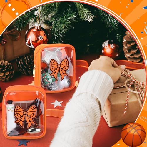 Reginary 12 Pcs Basketball Coquette Bow Party Favors Basketball Makeup Bags Bulk with Chenille Patch Valentine Team Gifts Waterproof Travel Size for Women