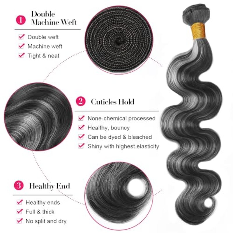 Body Wave Human Hair Bundles - P1B Grey Ombre 26/28/30 Inch