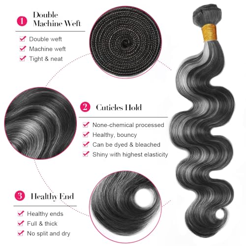 Fridnae Grey Ombre Body Wave Human Hair Bundles 32 Inch Salt & Pepper Two Tone Highlight - P1BGrey