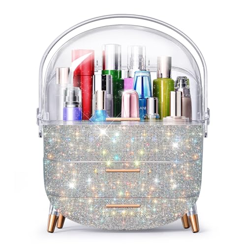 Makeup Organizer For Teen Girl Birthday Gifts, Cosmetic Display Cases with Transparent Cover, Skincare Organizers for Vanity, Perfume Organizer, Lotions Display Case, Lipstick Organizer (Rhinestone)