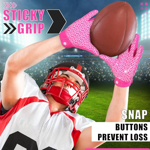 HANDLANDY Youth Football Gloves, Sticky Wide Receiver Gloves for Kids & Adult, Pink Stretch Fit Football Gloves (Pink and White, X-Small)