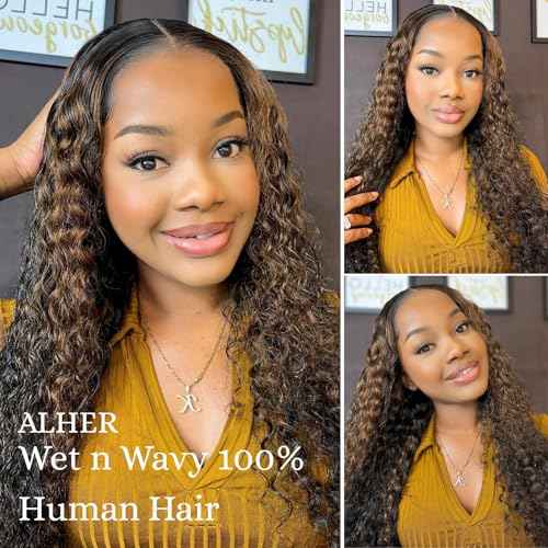ALHER F1B/27 Black and Blonde Highlight Water Wave Bundles with 2x6 Long Deep Part Lace Closure, 12A Wet n Wavy Bayalage Ombre Colored Bundles with Closure 100% Virgin Remy Human Hair 12 14 16+12 IN