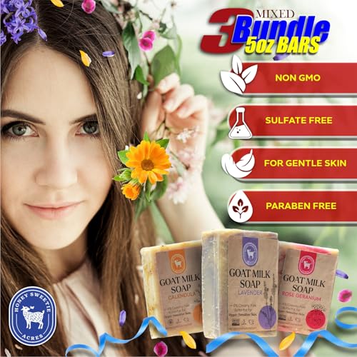 Honey Sweetie Acres 3-Pack Goat Milk Soap ? Lavender, Rose Geranium & Calendula ? Floral Spring Scents ? Handcrafted 5 oz Bars ? Made in the USA
