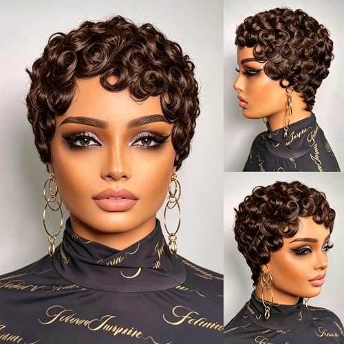 Short Curly Pixie Cut Human Hair Wig #4 Chocolate