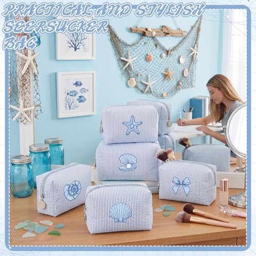 6 Blue Seersucker Cosmetic Bags with Striped Design